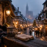 Que faire le 25 decembre en alsace : rue alsacienne avec guirlandes et cathédrale
