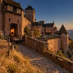 Quel chateau visiter en alsace : Haut-Koenigsbourg doré au coucher du soleil