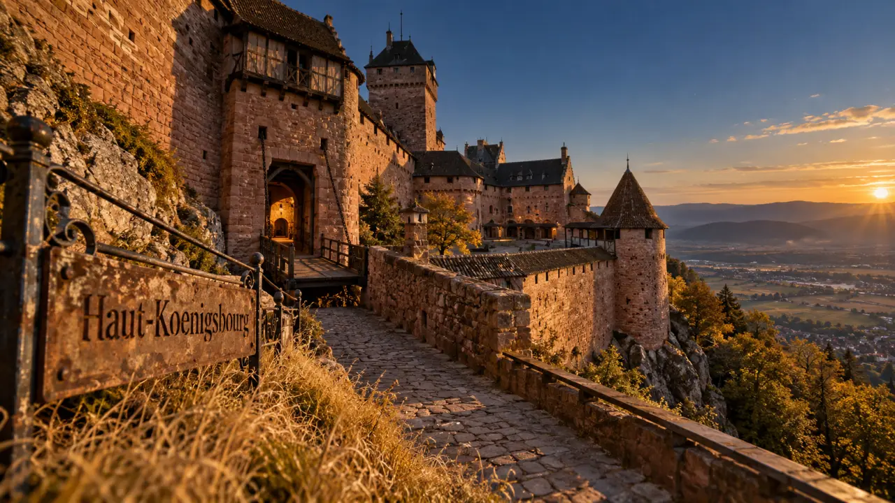 Quel chateau visiter en alsace : Haut-Koenigsbourg doré au coucher du soleil