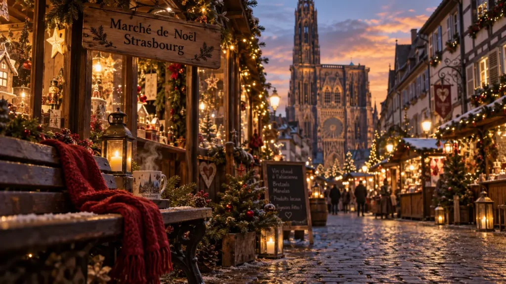 Quel marché de noël visiter en Alsace : marché de Noël de Strasbourg golden hour