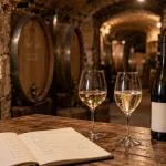 Quelle cave visiter en Alsace : intérieur de cave alsacienne et vins blancs