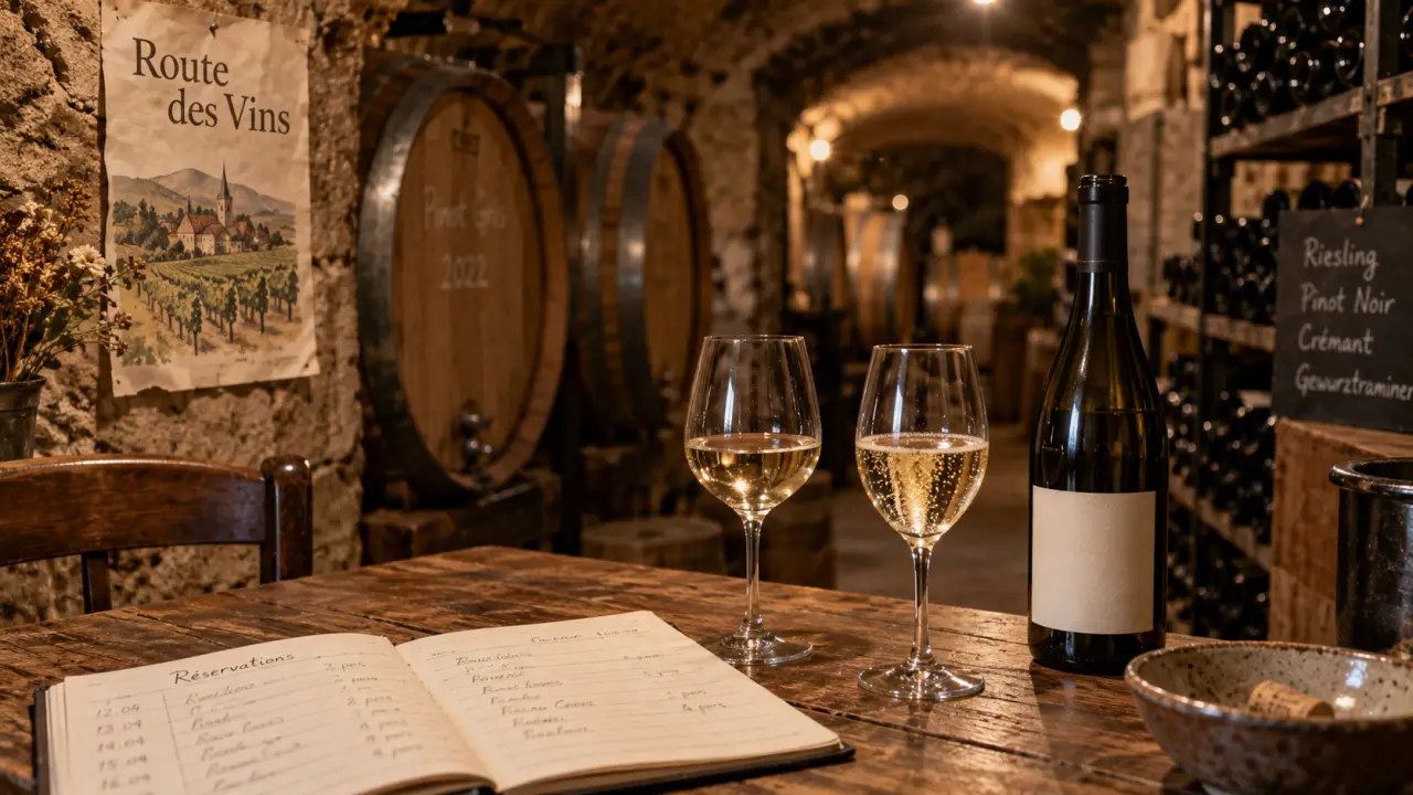 Quelle cave visiter en Alsace : intérieur de cave alsacienne et vins blancs