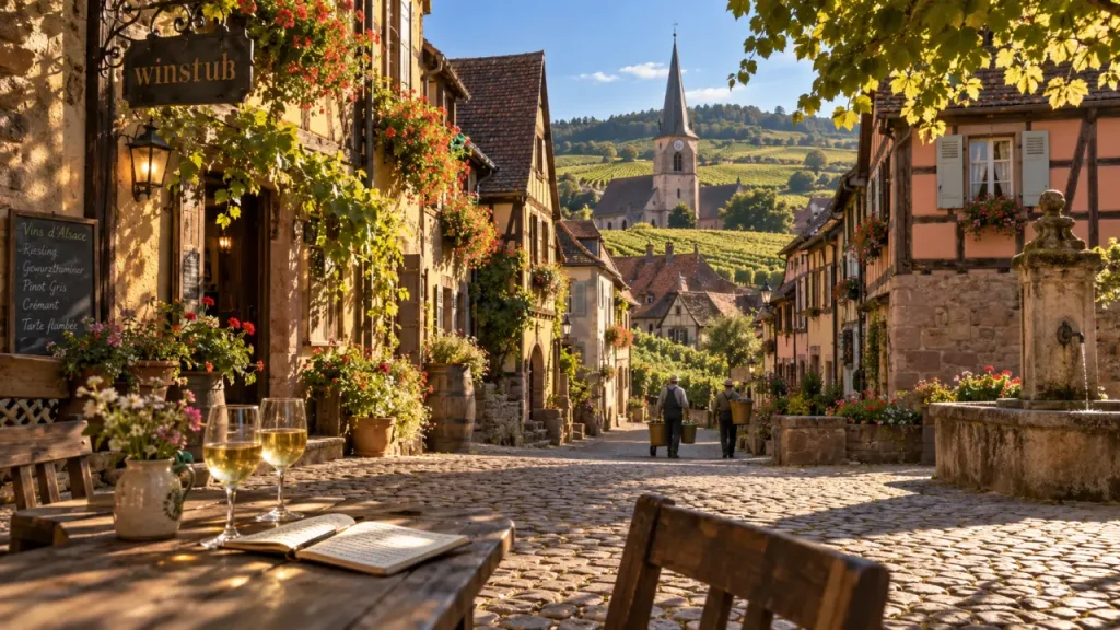 Quels villages visiter sur la route des vins alsace : winstub, ruelles et vignes en fin d’après-midi