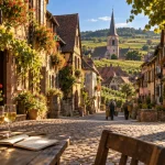 Quels villages visiter sur la route des vins alsace : winstub, ruelles et vignes en fin d’après-midi