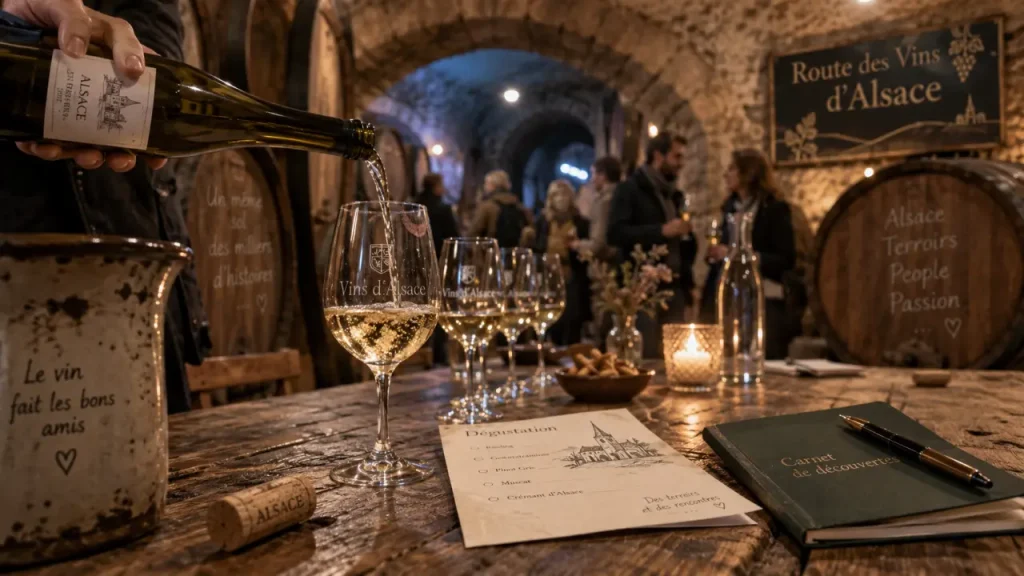 Route des vins Alsace : cave à visiter, dégustation de vin blanc en cave familiale