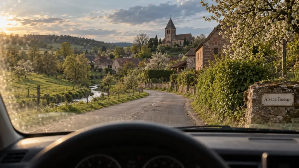 Villages Alsace Bossue, église romane et vallons, route entre vergers