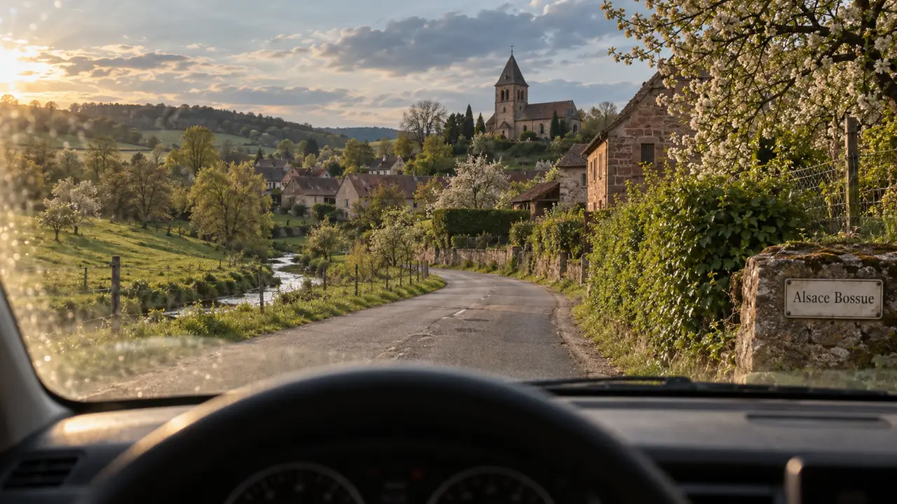 Villages Alsace Bossue, église romane et vallons, route entre vergers