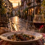 Visiter l’Alsace en novembre : ruelle humide à colombages près de Colmar