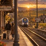 Visiter l’Alsace en train : couple près de la gare, vignes en arrière-plan