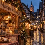 Visiter les marchés de Noël en Alsace : ruelle illuminée de Colmar, chalets et guirlandes