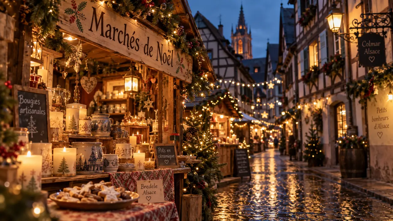 Visiter les marchés de Noël en Alsace : ruelle illuminée de Colmar, chalets et guirlandes